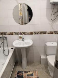 布拉戈维申斯克1 комнатная квартира的一间带水槽、卫生间和镜子的浴室