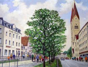 魏登威勒酒店的城市街道上一棵树的画