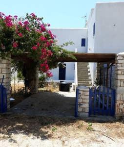 德里奥斯Village house in Paros的一座建筑,有蓝色的大门和一棵有粉红色花朵的树