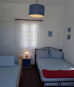 德里奥斯Village house in Paros的客房设有两张床、一盏灯和一扇窗户。