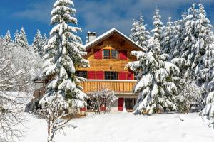 拉穆拉Le Diable Bleu的雪地里的小木屋,有雪覆盖的树木