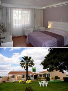 蒙蒂戈杜VILA FORMOSA AL-Estabelecimento de Hospedagem,Quartos-Rooms的一间卧室配有一张床,房子种有棕榈树