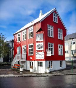 雷克雅未克雪鸟之家公寓的街道上白色装饰的红色建筑