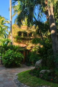 马萨特兰苍翠牧场别墅度假酒店的一座棕榈树和庭院的建筑