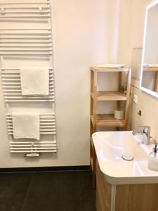 魏玛Ferienwohnung zu Weimar的浴室配有盥洗盆、镜子和毛巾