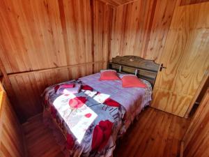 邦雅尔丁-达塞拉Paraíso Dos Cânions的木制客房内的一间卧室,配有一张床
