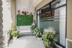 明古鲁省RedDoorz Syariah at Hotel Grand Mentari的一个带植物的阳台和长凳