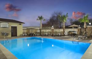 休斯顿休斯顿医疗中心瑞赖安体育馆套房酒店的一个带桌椅的大型蓝色游泳池