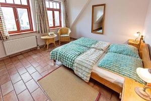 欧巴德伍斯图Ferienhaussiedlung Strandperlen Buchenhof 1b (Haustyp VI)的卧室配有一张床,墙上设有镜子