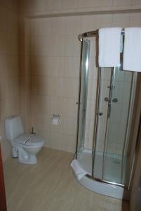 伊尔平沙图天堂酒店的一间带卫生间和玻璃淋浴间的浴室