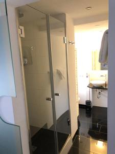 乌尔姆斯科尔斯豪斯酒店的一个带水槽的玻璃淋浴间