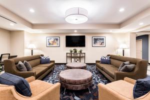 欧克莱尔Candlewood Suites Eau Claire I-94, an IHG Hotel的带沙发和平面电视的客厅