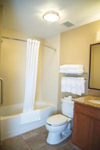 拉夫兰拉夫兰烛木套房酒店的浴室配有卫生间、淋浴和盥洗盆。