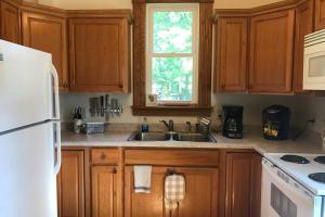 OsceolaHistoric 1880s Home的厨房配有木制橱柜、水槽和窗户。
