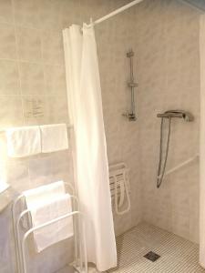 Beaufort-sur-GervanneHOTEL DU MIDI的一间带白色淋浴帘的浴室