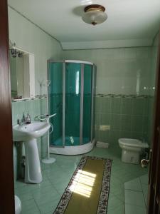 瓦马Casa Gotika的带淋浴、盥洗盆和卫生间的浴室