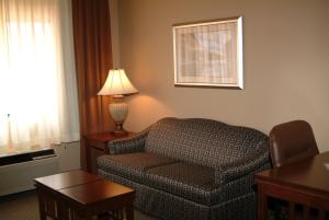 拉伯克Staybridge Suites Lubbock-University Area, an IHG Hotel的客厅配有沙发、椅子和灯