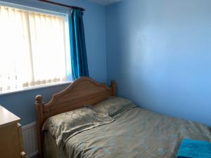 Bishop's WoodBeautiful and Peaceful village location的一间卧室配有一张蓝色墙壁的床和一扇窗户