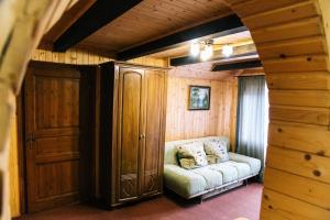 亚列姆切Бойківчанка的带沙发和木墙的客厅