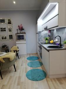 布达佩斯PANNONIA Budapest Center DELUXE的厨房配有水槽,地板上铺有2块地毯。