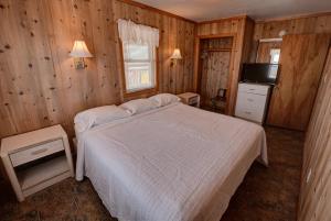 巴克斯顿Outer Banks Motel的卧室配有白色的床和电视。