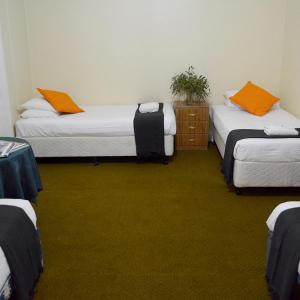 TemoraShamrock Hotel Motel Temora的带3张床和橙色枕头的客房