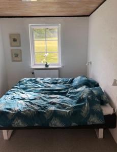 莱姆维Ellemose Bed and Breakfast的一间卧室配有一张带蓝色棉被的床和窗户。