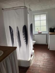 莱姆维Ellemose Bed and Breakfast的浴室设有一堵带羽毛的墙壁
