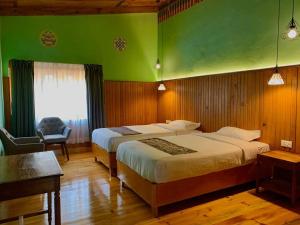 帕罗Dzi Pema的一间卧室设有两张床和绿色的墙壁