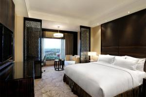 新德里新德里玛玉尔豪尔诺伊达皇冠假日酒店的一间卧室设有一张大床和一个大窗户