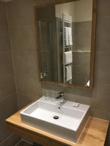 弗雷登克林餐厅酒店的浴室设有白色水槽和镜子