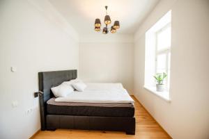 塔尔图Lossi 32 Lux Apartment的一间卧室设有一张床、一个窗户和一个吊灯。