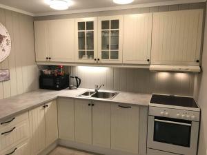 诺托登Notodden Sentrum Apartment NO 3的厨房配有白色橱柜和水槽