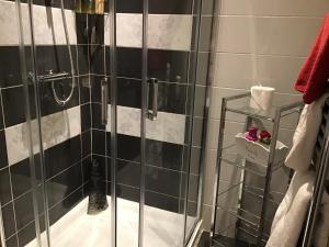 库申多尔卡罗维耶酒店的玻璃门和黑白瓷砖的淋浴间