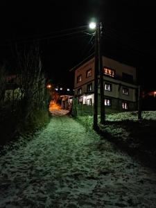 ManastirGuesthouse Vazrozhdenski kashti的雪覆盖的街道边有灯的房子