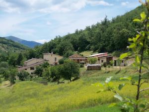 卡夏Agriturismo Casale Sant'Antonio的山丘上的小村庄,有房子和树木