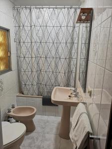 圣达菲Hostal Pensión Rosada的一间带水槽、卫生间和淋浴的浴室
