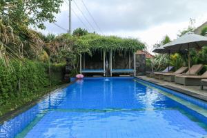 蓝梦岛Koji Garden Huts - CHSE Certified的花园内的游泳池,带遮阳伞