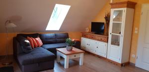 KolonieFerienwohnung Wasserlilie的客厅配有蓝色的沙发和电视