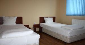 RadnevoХОТЕЛ РАДНЕВО的一间卧室设有两张带白色床单的床和窗户。