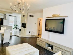 乌斯特卡Apartamenty VIP的客厅设有壁挂式平面电视。