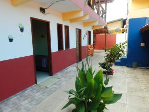 巴拉格兰德Pousada Barra Sol的走廊,带有色彩缤纷的门和植物的学校建筑