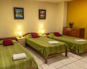 伊基托斯福莱茵道格伊基托斯旅舍的配有绿床单和红色枕头的客房内的两张床