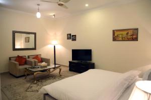 拉瓦尔品第Butterfly Guest House Phase 7 Bahria Town的一间卧室配有一张床、一台电视和一张沙发