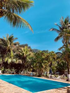 博西坎加Boiçucanga Completo à Beira Mar的一座棕榈树和蓝天游泳池