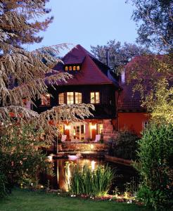 Gundershoffen红磨坊酒店的院子里有池塘的房子