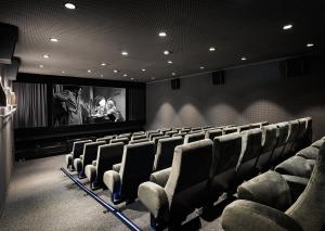 温特图尔洛奇酒店的电影室,配有一束椅子和屏幕