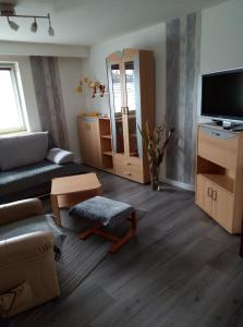 锡默拉特施洛伊夫公寓的带沙发和电视的客厅