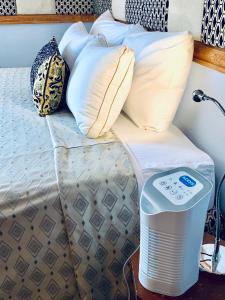 Blow HoleCool Premier Apts. - Airport/SGU的一张带枕头的床和旁边一个空气冷却器