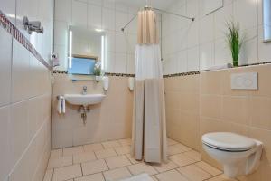 施特劳宾Sunny Hotel Straubing的浴室配有卫生间、盥洗盆和淋浴。
